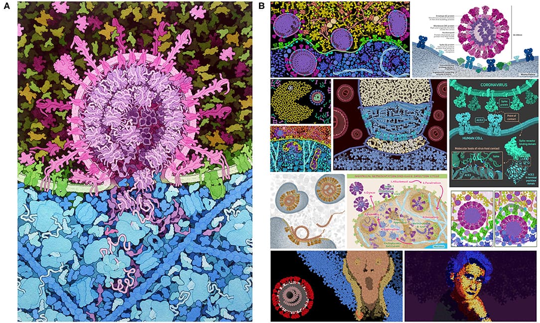 CellPAINT illustrations including a SARS-CoV-2 virion cross-section and a gallery of user-created molecular art from educational contests