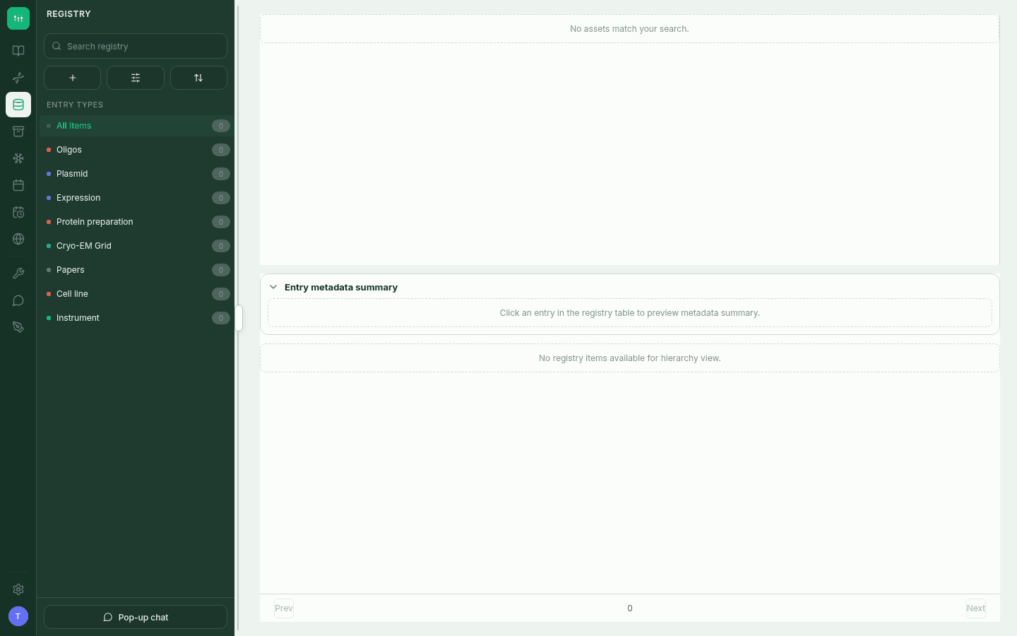 BenchOS registry showing entry types in the sidebar: All Items, Oligos, Plasmid, Expression, Protein preparation, Cryo-EM Grid, Papers, Cell line, and Instrument, all showing zero items on a fresh install