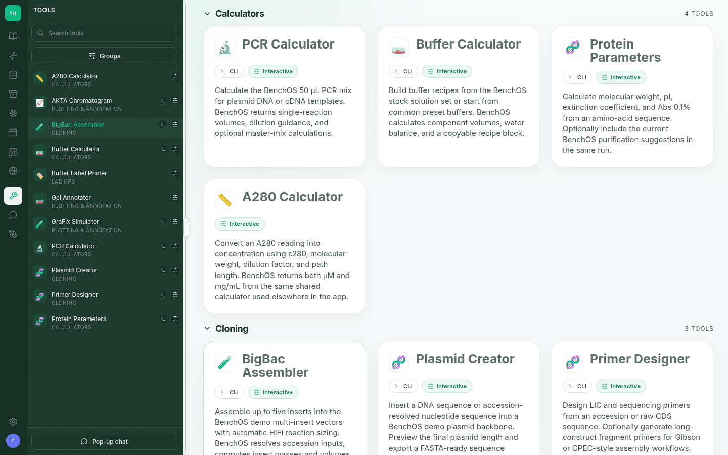 BenchOS tools library showing cards for PCR Calculator, Buffer Calculator, Protein Parameters, A280 Calculator, BigBac Assembler, Plasmid Creator and Primer Designer, grouped into Calculators and Cloning categories